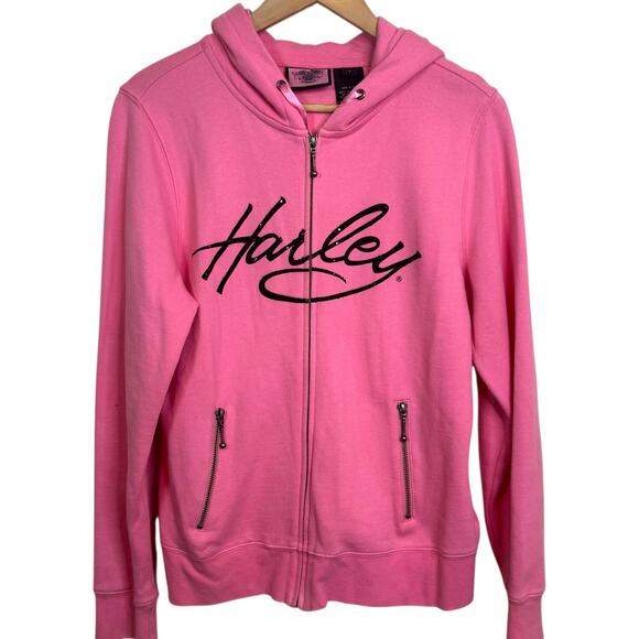 Harley Davidson Women's Large Bling Pink Label Zip Up Hoodie Sweatshirt - Picture 1 of 6